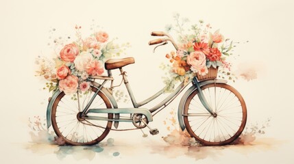 Fototapeta na wymiar A bicycle with flowers in the basket, watercolor, ink outlines, vintage feel. AI Generative