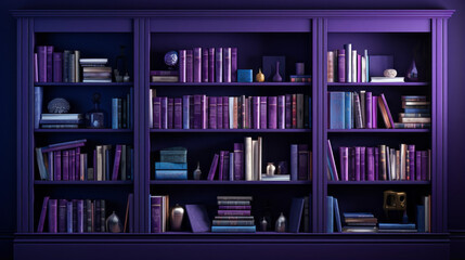 A purple bookcase, filled with various books and magazines 