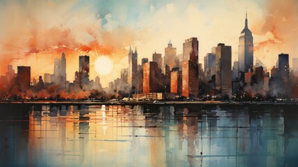 A city skyline, watercolor, textured paper, warm tones. AI Generative