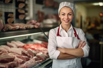 Fotobehang A happy female butcher standing with arms crossed in modern meat shop. © tong2530