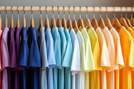 colorful t shirts hanging on racks