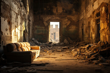 an abandoned building that has been destroyed and needs to be used as a place for the couch is in it