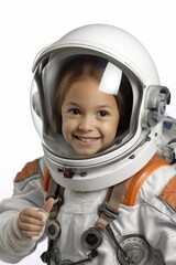 child girl with astronaut costume; kid wearing a space suit; dream childhood imagination and science concept
