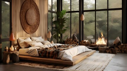 the bed is surrounded by plants and two high windows, in the style of vray tracing, rustic scenes, moody and atmospheric, african influence, brown and beige, industrial, exotic atmosphere
