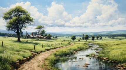Fototapeta na wymiar A countryside landscape, watercolor, textured paper, cool tones. AI Generative