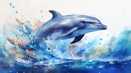 Keuken spatwand met foto A dolphin jumping out of the water, watercolor, gradient ocean, cool tones. AI Generative © Horsi