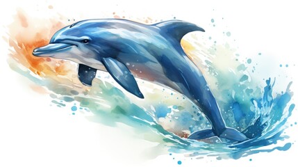 Obraz na płótnie Canvas A dolphin jumping out of the water, watercolor, gradient ocean, cool tones. AI Generative