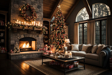 a living room with a christmas tree in the corner and candles lit on the fire place next to the fireplace