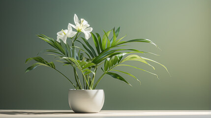 A potted tropical plant with long, slender leaves and a delicate white blossom