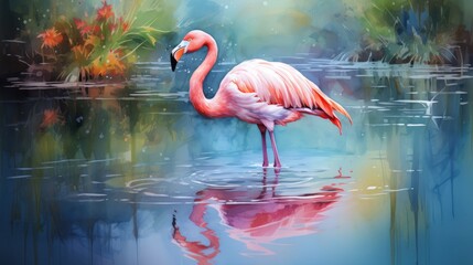 A flamingo standing in water, watercolor, detailed, pastel colors. AI Generative