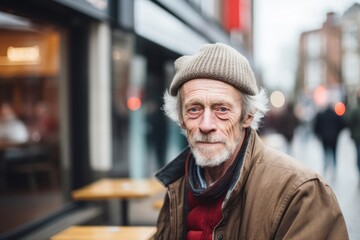 Portrait of a senior man in a city street. Selective focus.