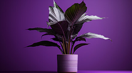 A potted tropical plant with long, slender leaves and purple background