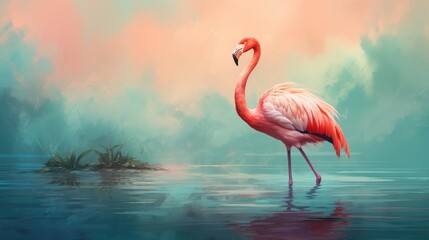 A flamingo standing in water, watercolor, detailed, pastel colors. AI Generative