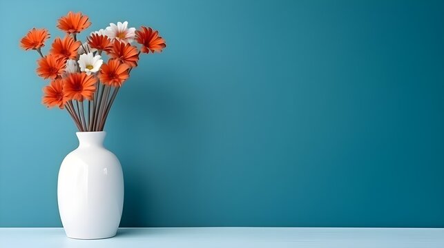 a vase of flowers sitting on the table next to a blue wall, in the style of light teal and orange, uhd image, post-minimalist, teal and maroon, cottagecore, combining natural and man-made elements,
