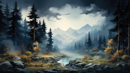 A forest scene, watercolor, layering, cool tones. AI Generative