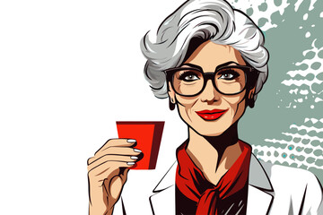 Business woman in glasses drinking coffee pop art retro. Vector illustration design.