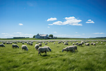 sheep grazing in a field with a barn in the background and a blue sky above them are white fluffy clouds