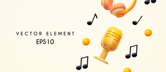 Music concept. Headphones. music notes and retro vocal microphone.