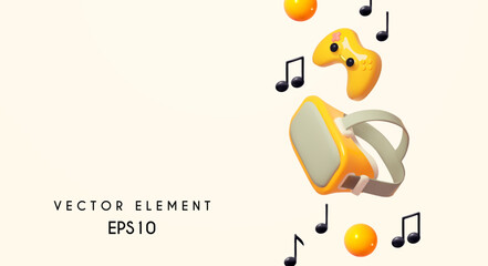 VR helmet, headphones and joystick. Online gaming concept. online cinema and music design.