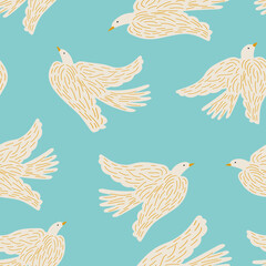 White birds on a light blue background create a seamless pattern for textiles. Vector.