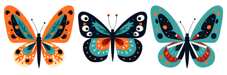 illustration of cute cartoon colourful butterflies isolated on transparent background - design element collection PNG cutout set