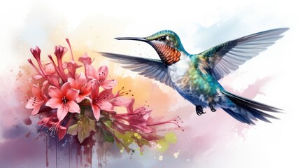 Fototapeta premium A hummingbird hovering over a flower, watercolor, detailed, pastel colors. AI Generative