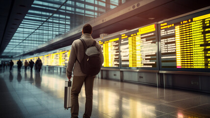 Man in an airport terminal checking the flight schedule
