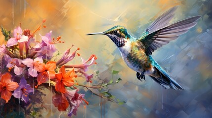 A hummingbird hovering over a flower, watercolor, detailed, pastel colors. AI Generative