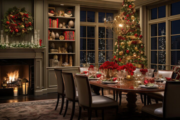 a dining room with a christmas tree in the middle and candles on the table next to the fireplace is lit