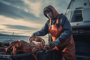 Bering sea fishing crabs marine seafood. Aquatic life gear shell meat. Generate Ai - obrazy, fototapety, plakaty
