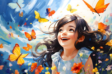 colourful painting of happy little girl with swam of butterflies in flower meadow