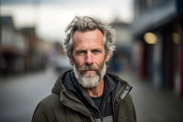 Portrait of a senior man with grey hair and beard in a urban environment