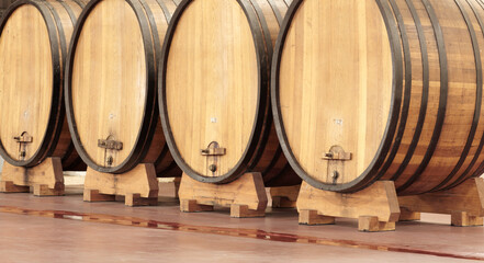 Background, wine production and wood barrel in brewery, alcohol industry and whiskey manufacturing. Liquor, drum container and beer storage in winery cellar, factory and distillery of empty warehouse