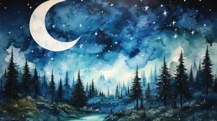 A night sky with stars, watercolor, textured paper, cool tones. AI Generative