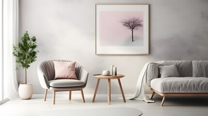 a pink abstract framed print in an empty white living room, in the style of snow scenes, 8k resolution, naturalistic rendering, wood, uhd image, serene and peaceful ambiance