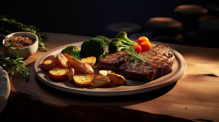 A plate of perfectly-cooked, juicy steaks, served with a side of roasted potatoes and steamed vegetables