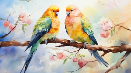 A pair of lovebirds on a branch, watercolor, soft edges, vibrant colors. AI Generative