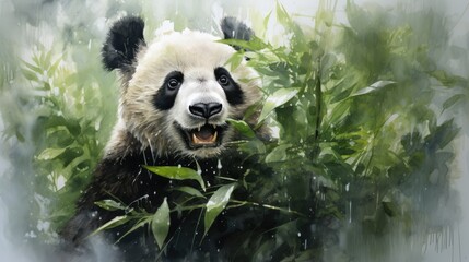 A panda eating bamboo, watercolor, textured paper, cool tones. AI Generative