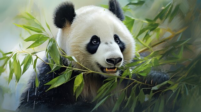 A panda eating bamboo, watercolor, textured paper, cool tones. AI Generative © Horsi