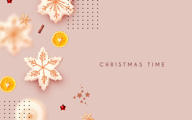 Christmas design template with cookies and orange slices. Tasty winter space.