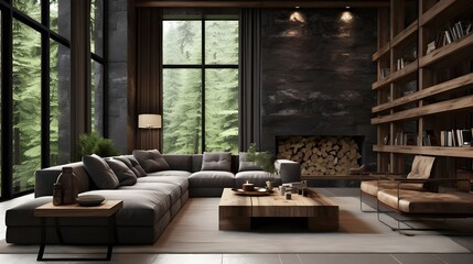 the stone wall in the living room is covered in pillows, stains and pictures, in the style of norwegian nature, monochromatic depth, tonalist color scheme, environmentally inspired, lively tableaus - obrazy, fototapety, plakaty