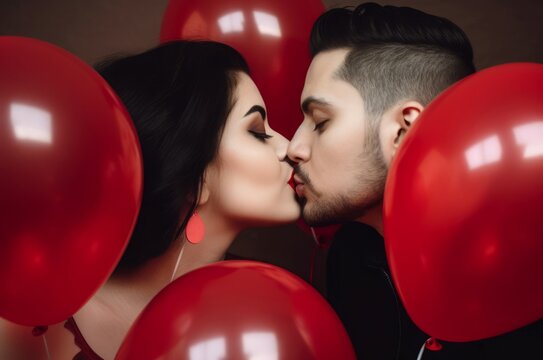 Couple kissing heart shaped balloons at celebration. Pari present holiday family cute. Generate Ai