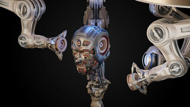 Futuristic robot head or humanoid face under construction by mechanical assembly arms. Cyber factory isolated on dark background. 3d rendering animation with alpha