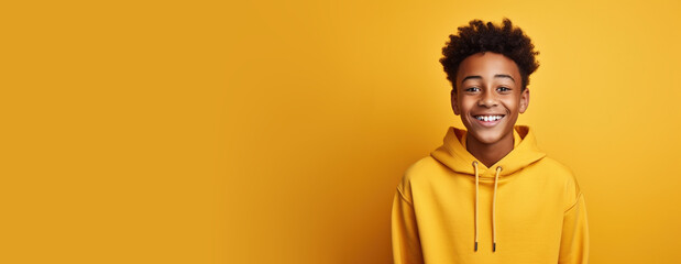 African-American black smiling young boy teenager in casual hoodie on isolated yellow background studio portrait. Positive kid childhood lifestyle concept. Empty space place for text, copy paste