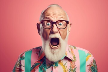 Crazy excited stylish grandfather. Beard funny old senior male. Generate Ai