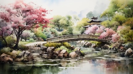 A peaceful watercolor of a zen garden with a small bridge and rocks. AI Generative - obrazy, fototapety, plakaty