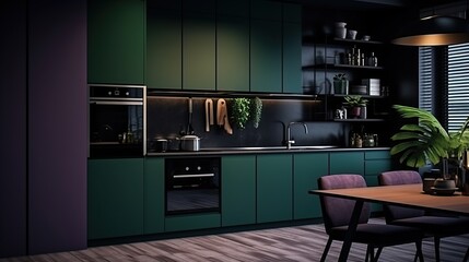 Violet and dark green kitchen. Minimalism.