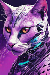A futuristic cyborg cat, combination of modern machinery and feline grace. Bathed in enchanting purple