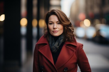 Portrait of a beautiful woman in a red coat in the city