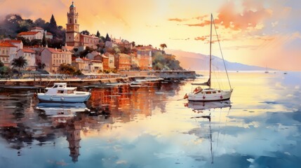 A picturesque watercolor of a seaside town at sunset. AI Generative - obrazy, fototapety, plakaty